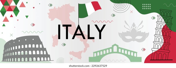 Italy nation Independence day banner with flag colors, geometric abstract design, famous landmarks and map in background, suitable for travel, tourism, national celebrations and festivals