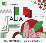 Italy national day banner design. Italian flag and map theme with Rome landmark background. Abstract geometric retro shapes of red and green color. Italia Vector illustration. 
