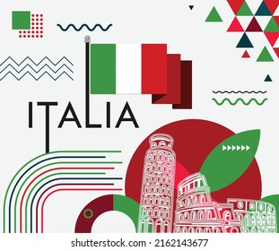 Italy national day banner design. Italian flag and map theme with Rome landmark background. Abstract geometric retro shapes of red and green color. Italia Vector illustration.  - Shutterstock ID 2162143677