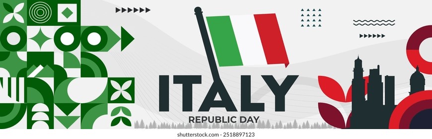 Projeto de banner do dia nacional da Itália. Fundo da bandeira italiana. Formas retrô geométricas abstratas. Ilustração Italia Vetor.