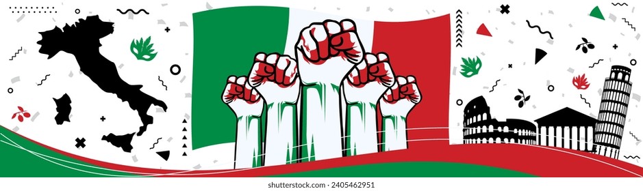 Italy national day banner for independence day anniversary with Italy flag and map in modern, abstract design in red, green, black and white colors