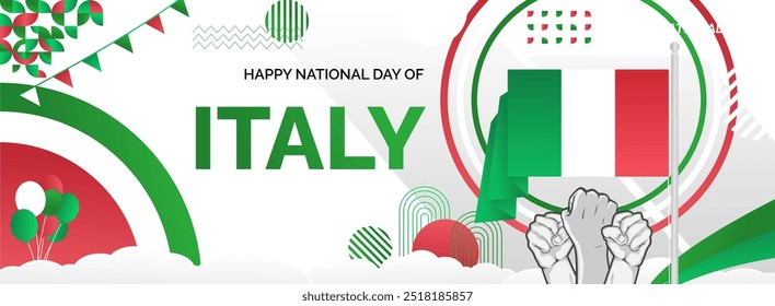 Italy National Day banner. Latest horizontal poster with Italian flag, raised fist and typography. Modern background for Republic day and Liberation day greeting cards, holidays, or sport events.