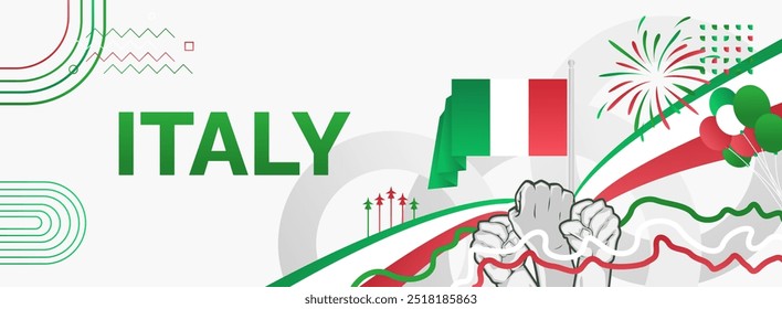 Italy National Day banner. Latest horizontal poster with Italian flag, raised fist and typography. Modern background for Republic day and Liberation day greeting cards, holidays, or sport events.