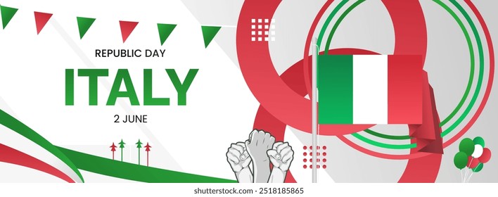 Italy National Day banner. Latest horizontal poster with Italian flag, raised fist and typography. Modern background for Republic day and Liberation day greeting cards, holidays, or sport events.