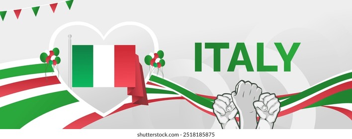 Italy National Day banner. Latest horizontal poster with Italian flag, raised fist and typography. Modern background for Republic day and Liberation day greeting cards, holidays, or sport events.