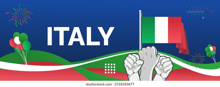 Italy National Day banner. Latest horizontal poster with Italian flag, raised fist and typography. Modern background for Republic day and Liberation day greeting cards, holidays, or sport events.