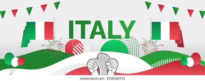 Italy National Day banner. Latest horizontal poster with Italian flag, raised fist and typography. Modern background for Republic day and Liberation day greeting cards, holidays, or sport events.