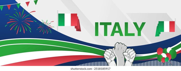 Italy National Day banner. Latest horizontal poster with Italian flag, raised fist and typography. Modern background for Republic day and Liberation day greeting cards, holidays, or sport events.