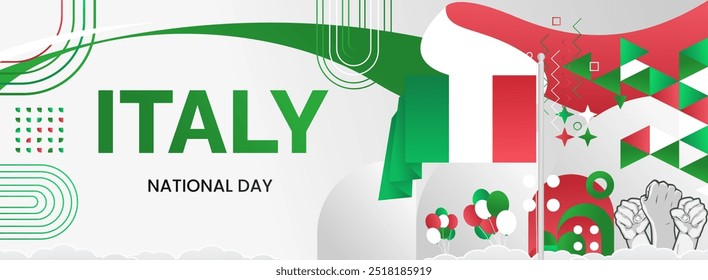 Italy National Day banner. Latest horizontal poster with Italian flag, raised fist and typography. Modern background for Republic day and Liberation day greeting cards, holidays, or sport events.