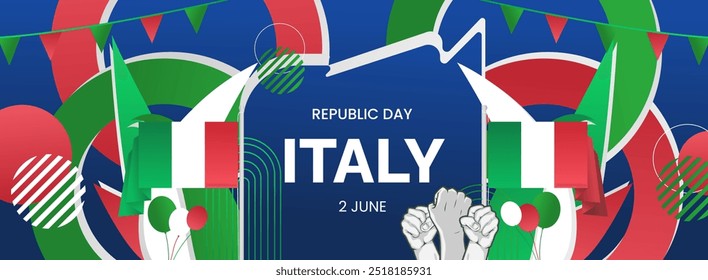 Italy National Day banner. Latest horizontal poster with Italian flag, raised fist and typography. Modern background for Republic day and Liberation day greeting cards, holidays, or sport events.