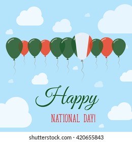 Italy National Day Flat Patriotic Poster. Row of Balloons in Colors of the Italian flag. Happy National Day Italy Card with Flags, Balloons, Clouds and Sky.