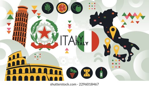 Italy national day. Italian flag and coat of arms. Landmarks of country. Culture and traditions. Pizza, wine, pasta and grapes. Colosseum and Leaning Tower of Pisa. Cartoon flat vector illustration