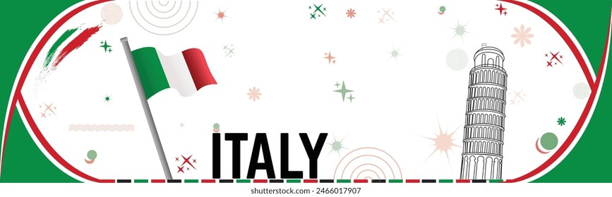 Italy national day or republic day celebration of 2nd June. Italian Flag, pisa tower with geometric shapes, elements . Modern vector graphic design isolated on white background