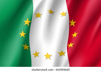 Italy national flag with a circle of European Union twelve gold stars, symbol of unity with EU, member since 1 January 1958. Realistic vector style illustration