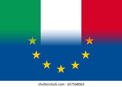 Italy national flag with a flag of European Union twelve gold stars, symbol of unity with EU, member since 1 January 1958. Vector flat style illustration
