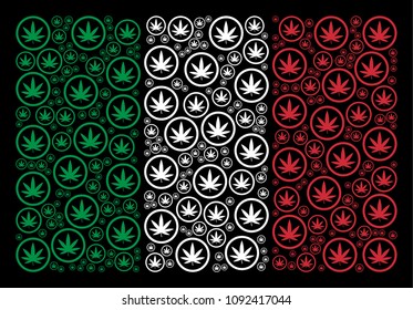 Italy national flag flat composition designed with cannabis items on a black background. Vector cannabis design elements are combined into abstract Italian flag pattern.