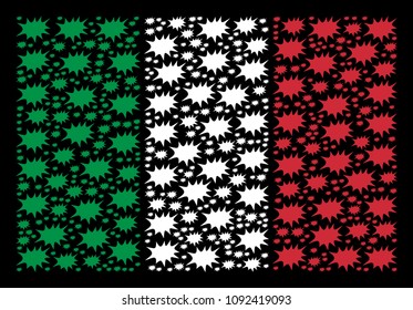 Italy national flag flat composition formed of boom bang icons on a black background. Vector boom bang elements are arranged into geometric Italy flag pattern.