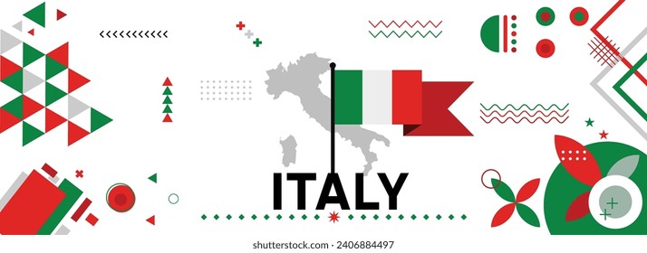 Banner del Día de la Independencia de Italia para la celebración del país. Bandera y mapa de Italia con puños elevados. Diseño retro moderno con iconos geométricos abstractos de tiporgafía. Ilustración vectorial.