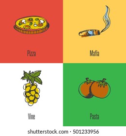 Italy national symbols. Italian pizza, mafia boss cigar, branch grapes, tomato pasta colored hand drawn doodles vector icons with caption on colored backgrounds. Country concept for travel company ad