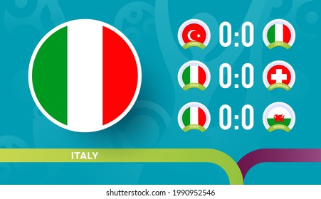 italy national team Schedule matches in the final stage at the euro 2020 Football Championship. Vector illustration of football 2020 matches.