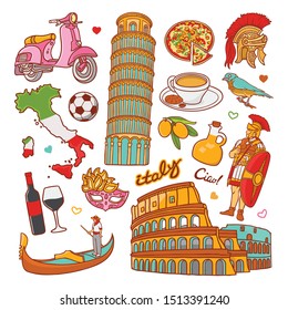 Italy nature and culture icons doodle set vector illustration