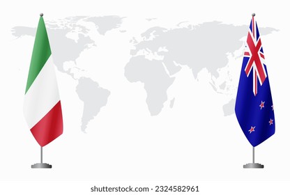 Italy and New Zealand flags for official meeting against background of world map.