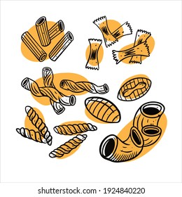 Italy noodles doodle set. Black and yellow colors. Vintage style. Sketch vector illustration.