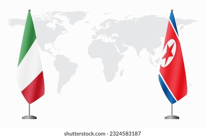 Italy and North Korea flags for official meeting against background of world map.