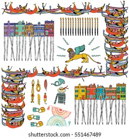 Italy Objects and Landscape Doodle Collection. Hand Drawn illustration.