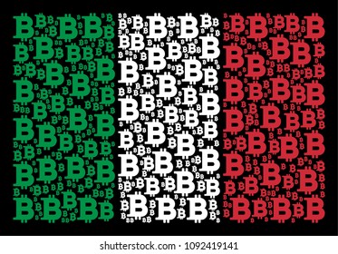 Italy official flag flat collage made from Bitcoin icons on a black background. Vector Bitcoin elements are composed into conceptual Italy flag composition.
