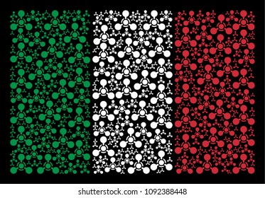 Italy official flag flat composition designed with WMD nerve agent chemical warfare icons on a black background.