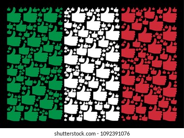 Italy official flag flat composition designed from thumb up icons on a black background. Vector thumb up objects are grouped into conceptual Italy flag collage.