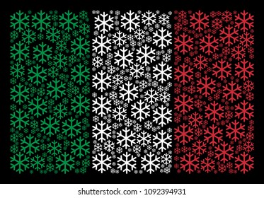 Italy official flag flat composition combined of snowflake icons on a black background. Vector snowflake elements are grouped into abstract Italy flag composition.