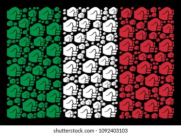 Italy official flag flat composition done of fist icons on a black background. Vector fist pictograms are united into geometric Italy flag collage.