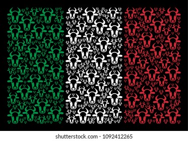 Italy official flag flat composition combined with cow head icons on a black background. Vector cow head elements are united into conceptual Italian flag collage.