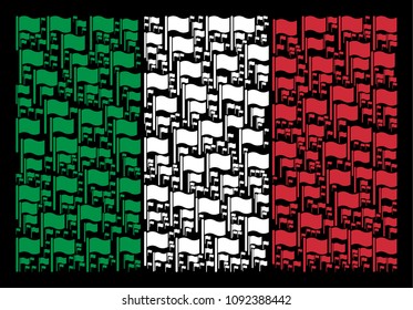 Italy official flag flat concept organized of waving flag icons on a black background. Vector waving flag elements are united into abstract Italian flag abstraction.