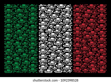 Italy official flag flat concept formed with military tank icons on a black background. Vector military tank pictograms are combined into conceptual Italy flag abstraction.