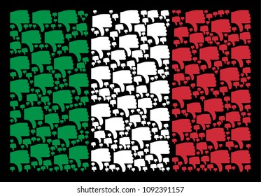 Italy official flag flat mosaic created with thumb down items on a black background. Vector thumb down objects are composed into abstract Italian flag composition.