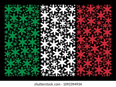 Italy official flag flat mosaic done from snowflake icons on a black background. Vector snowflake symbols are grouped into geometric Italy flag illustration.