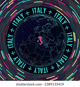 Italy on globe. Satellite view of the world centered to Italy. Bright neon style. Futuristic radial bricks background. Captivating vector illustration.