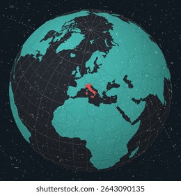 Itália no Globe. Olhar vintage com textura grunge riscado. Mapa do mundo no mapa da paleta de cores de Turquesa a carvão escuro. Itália forma no mapa. Globo com meridianos e paralelos.