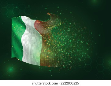 Italy, on vector 3d flag on green background with polygons and data numbers
