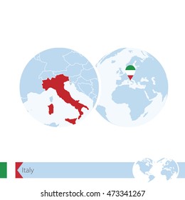Italy on world globe with flag and regional map of Italy. Vector Illustration.