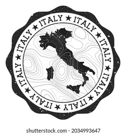 Italy outdoor stamp. Round sticker with map of country with topographic isolines. Vector illustration. Can be used as insignia, logotype, label, sticker or badge of Italy.