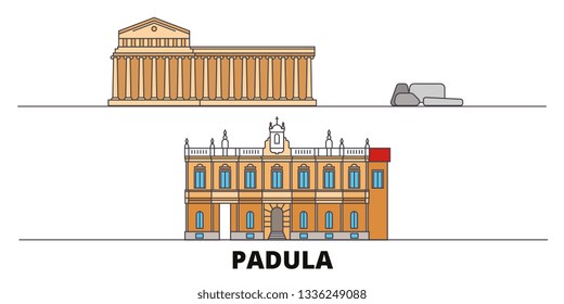 Italy, Padula  flat landmarks vector illustration. Italy, Padula  line city with famous travel sights, design skyline. 
