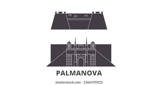 Italy, Palmanova flat travel skyline set. Italy, Palmanova black city vector illustration, symbol, travel sights, landmarks.