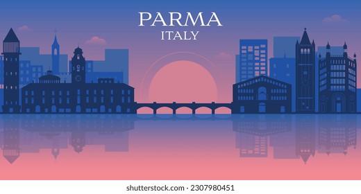 Italy, Parma skyline, city Parma, Regio Emilia. Parma cityscape with famous landmarks, city sights, landscape.