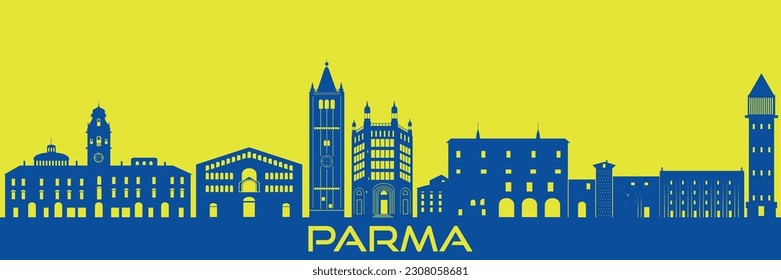 Italy, Parma skyline city, Regio Emilia. Parma cityscape with famous landmarks, city sights, landscape. Parma in the color of the flag of the commune of Parma.