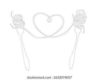 Italy pasta noodle restaurant concept for cafe, shop or food delivery service. Single continuous line drawing of delicious heart spaghetti with fork. 
 Hand made vector not Al