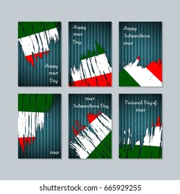 Italy Patriotic Cards for National Day. Expressive Brush Stroke in Flag Colors on dark striped background. Vector Greeting Card.